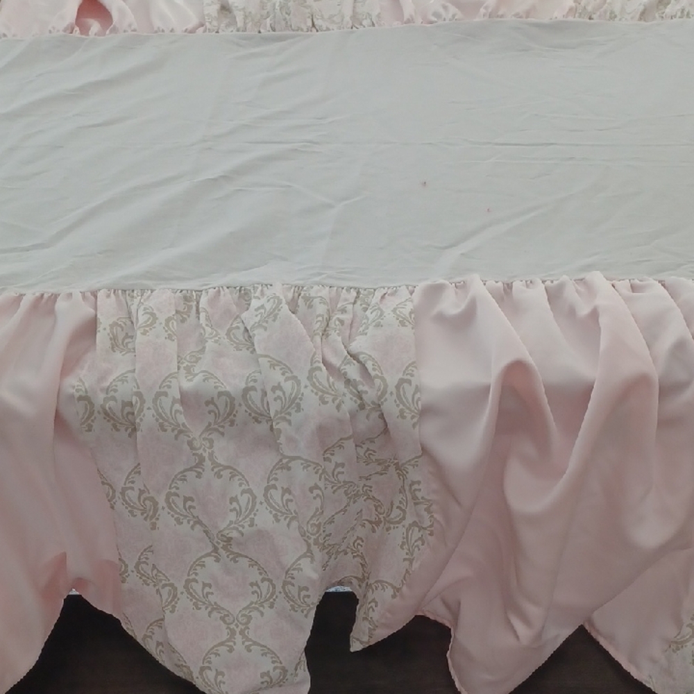 Luxurious Pink and Beige Damask Print Crib Skirt and Coordinating Curtains